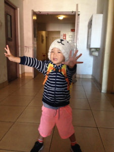 Rocking his new bear beanie before heading out. 